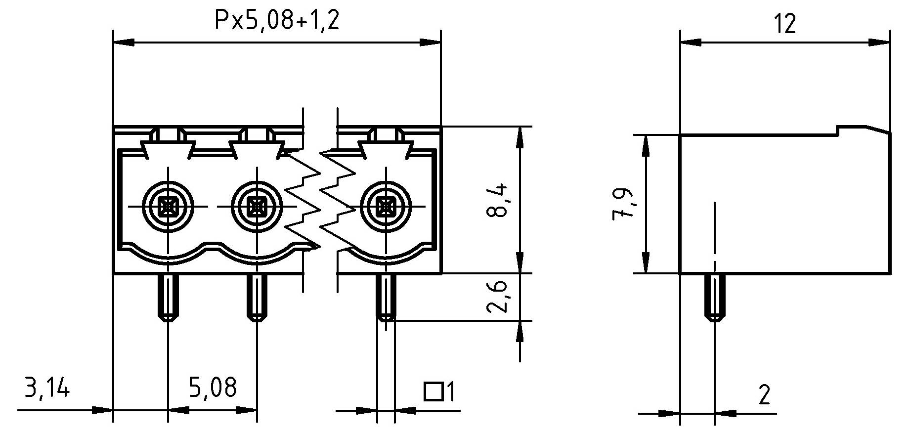 'Technische tekening van een elektronische connector: vooraanzicht en zijaanzicht met afmetingen in millimeters; toont twee contactdozen en drie pennen.'