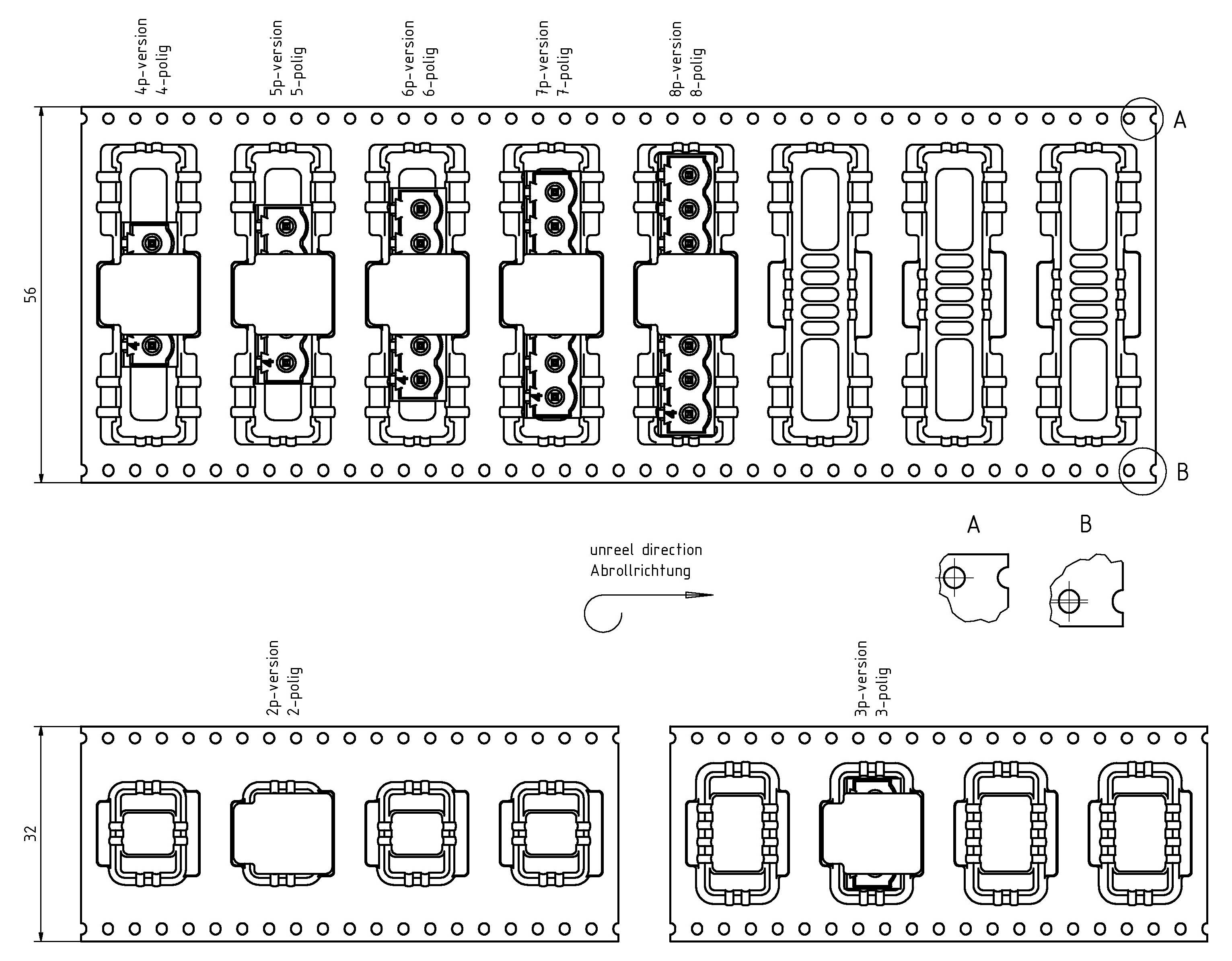 Diagram van een metaalstansindeling met meerdere onderdelen gerangschikt voor productie-efficiëntie. Inclusief specificaties en stanscrichtingen.