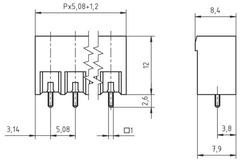 Diagram van een elektronisch onderdeel met afmetingen: breedte 5,08, hoogte 12 en diepte 8,4. Inclusief afstands- en pindetails.