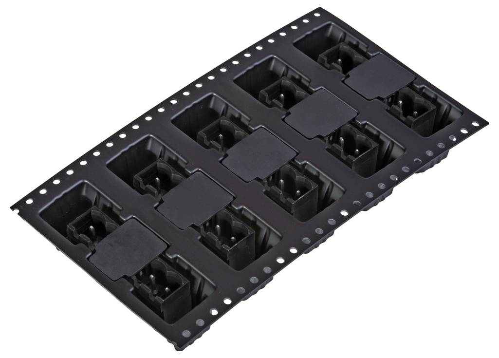 'Zwarte kunststof onderdelenbak met acht rechthoekige vakjes, gerangschikt in twee rijen van vier, gebruikt voor het organiseren van elektronische componenten.'