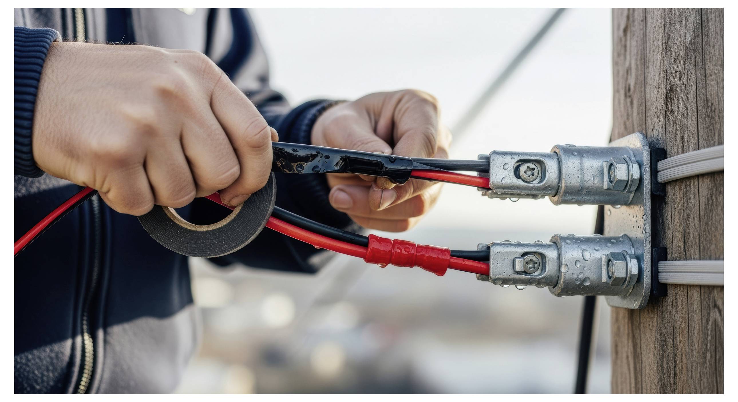 Een persoon wikkelt isolatietape rond blootgestelde draden op een nutsbedrijfpaal, wat wijst op onderhouden of reparatiewerkzaamheden aan het elektrische systeem.
