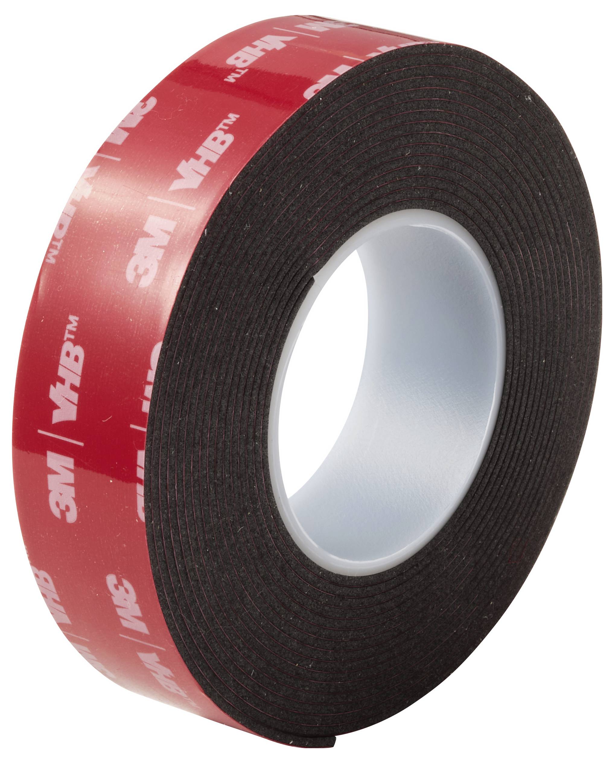 Een rol zwarte schuimtape met een rode achterzijde, waarop het '3M VHB'-logo herhaaldelijk wordt weergegeven. Gebruikt voor het verbinden van oppervlakken in verschillende toepassingen.