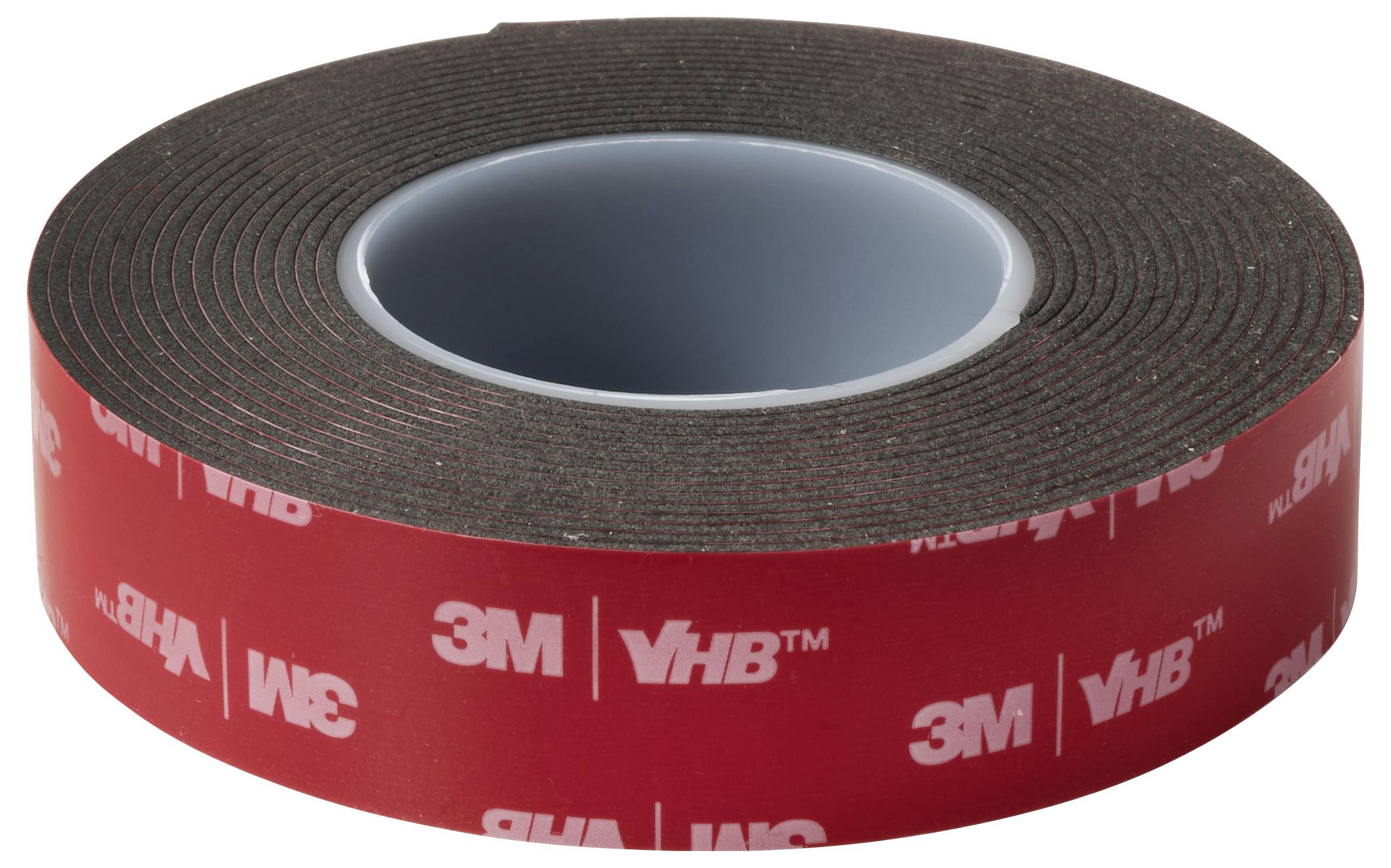 Rol 3M VHB-tape met rode buitenkant met witte branding, gebruikt voor sterke, adhesieve verbinding.