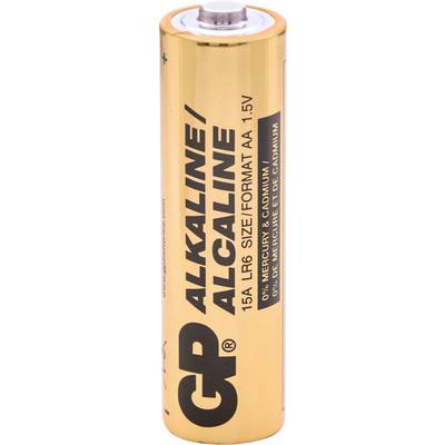 Een AA-formaat GP alkaline batterij, gelabeld '1.5V, 0% kwik & cadmium'.