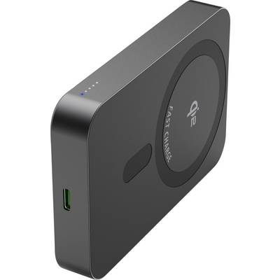 Een zwarte draagbare draadloze oplader met een 'qi'-symbool, snellaadomschrijving, LED-indicatoren en een USB-C-poort aan de zijkant.