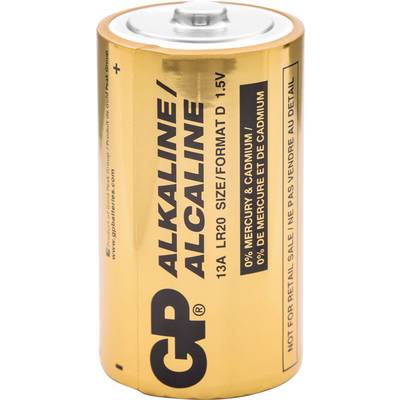 Een cilindrische gouden alkalische batterij met het label 'GP Alkaline' met specificaties: 1,5V, formaat 13A LR20, kwik- en cadmiumvrij.
