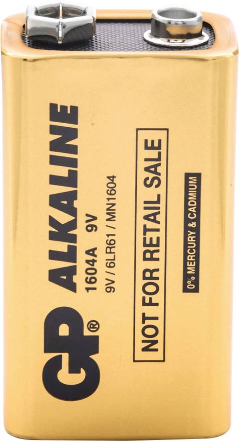 Een 9V alkaline batterij gelabeld als 'GP ALKALINE 1604A' met een aantekening 'NIET VOOR DETAILVERKOOP'.