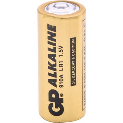 Een close-up van een gouden alkaline batterij met het label 'GP ALKALINE 910A LR1 1.5V', met daarnaast de vermelding '0% kwik & cadmium'.