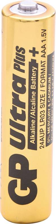 Een gele AAA alkaline batterij met zwarte tekst 'Ultra Plus' en '1.5V' aan de zijkant.
