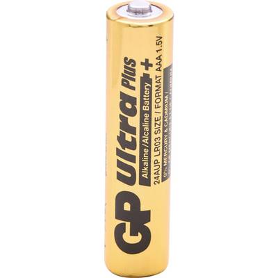 Een gele AAA alkaline batterij met zwarte tekst 'Ultra Plus' en '1.5V' aan de zijkant.