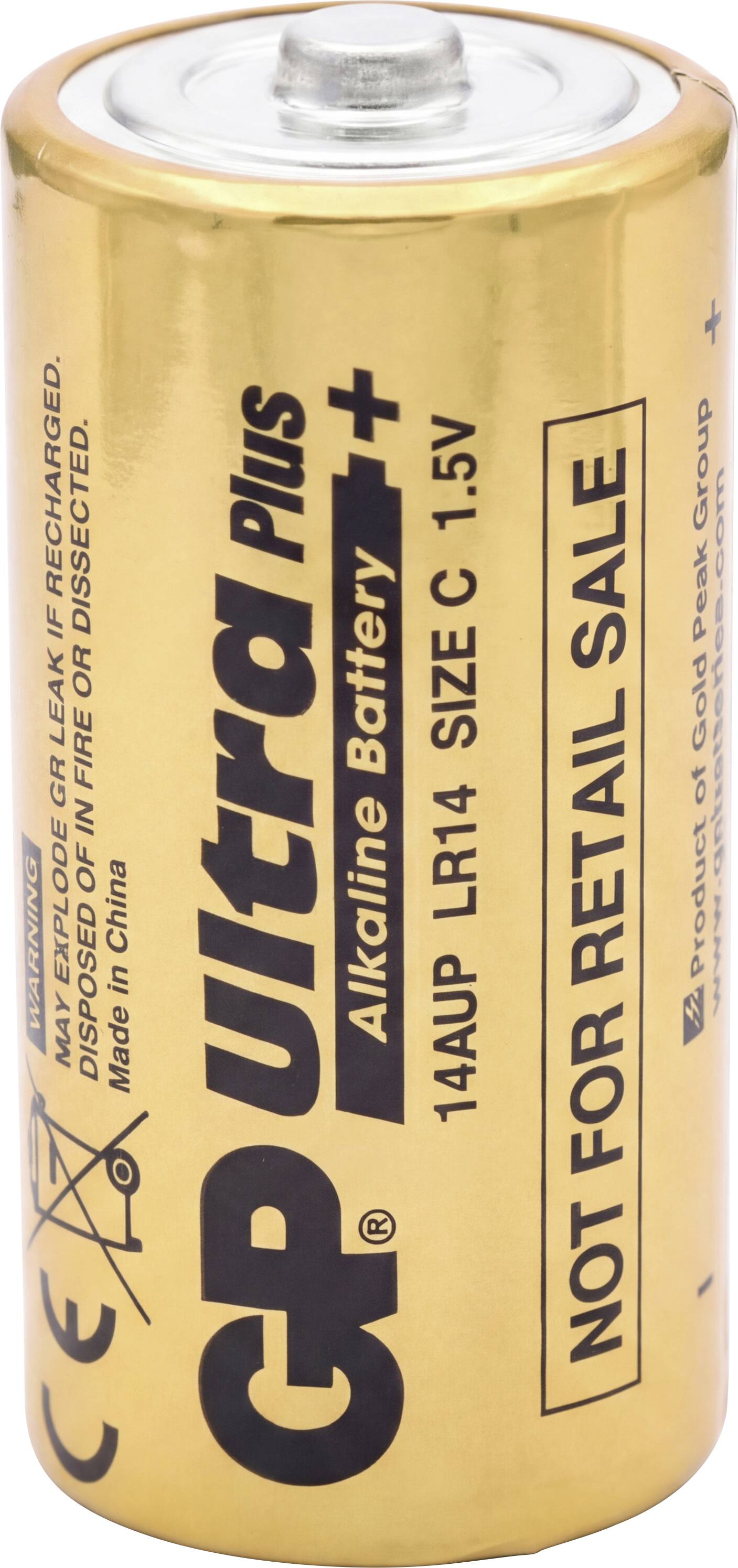 Een cilindrische, gouden alkaline C-batterij met 'GP Ultra Plus' branding. Verticaal staat de tekst 'NIET VOOR DETAILHANDEL'.