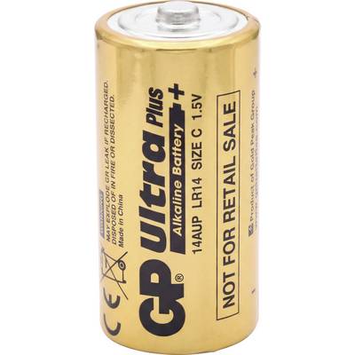 Een cilindrische, gouden alkaline C-batterij met 'GP Ultra Plus' branding. Verticaal staat de tekst 'NIET VOOR DETAILHANDEL'.