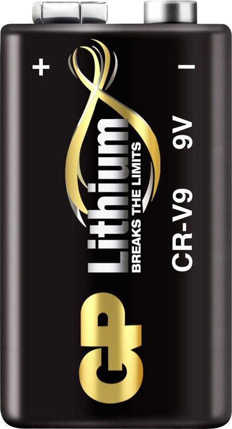 Een zwarte 9V lithiumbatterij met goud- en witte 'CP Lithium Doorbreekt de Grenzen' tekst, met positieve en negatieve aansluitingen bovenop.