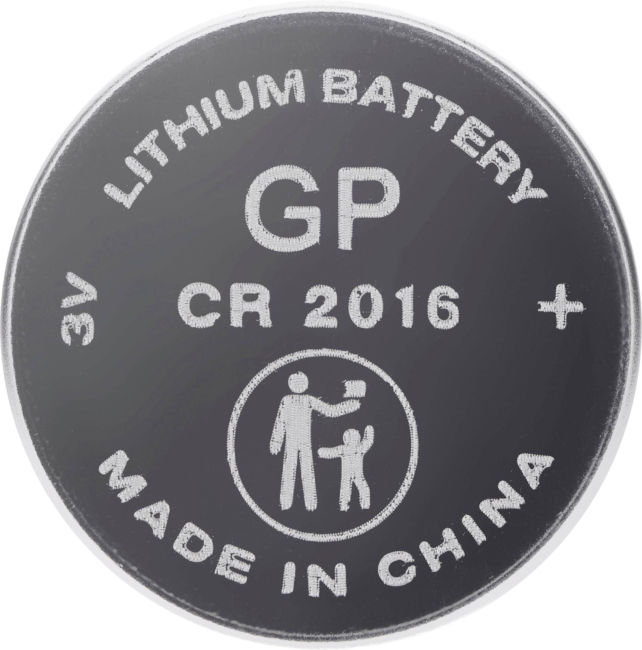 'Lithium Batterij GP CR 2016, 3V, Gemaakt in China', met een symbool dat veilig gebruik rond kinderen aangeeft.