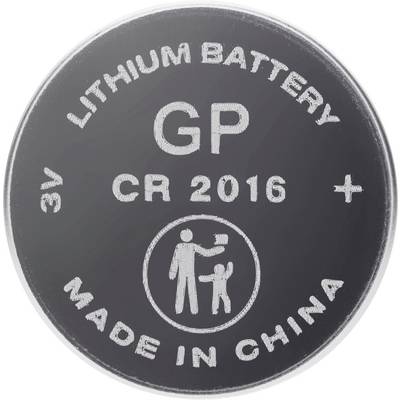 'Lithium Batterij GP CR 2016, 3V, Gemaakt in China', met een symbool dat veilig gebruik rond kinderen aangeeft.