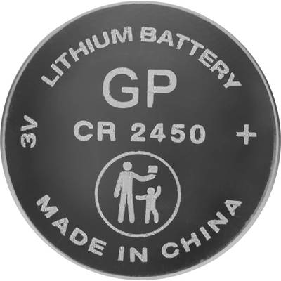 'GP CR 2450 lithium batterij, 3V, Gemaakt in China' met een pictogram van een ouder en kind die elkaars hand vasthouden, dat een waarschuwing aangeeft.