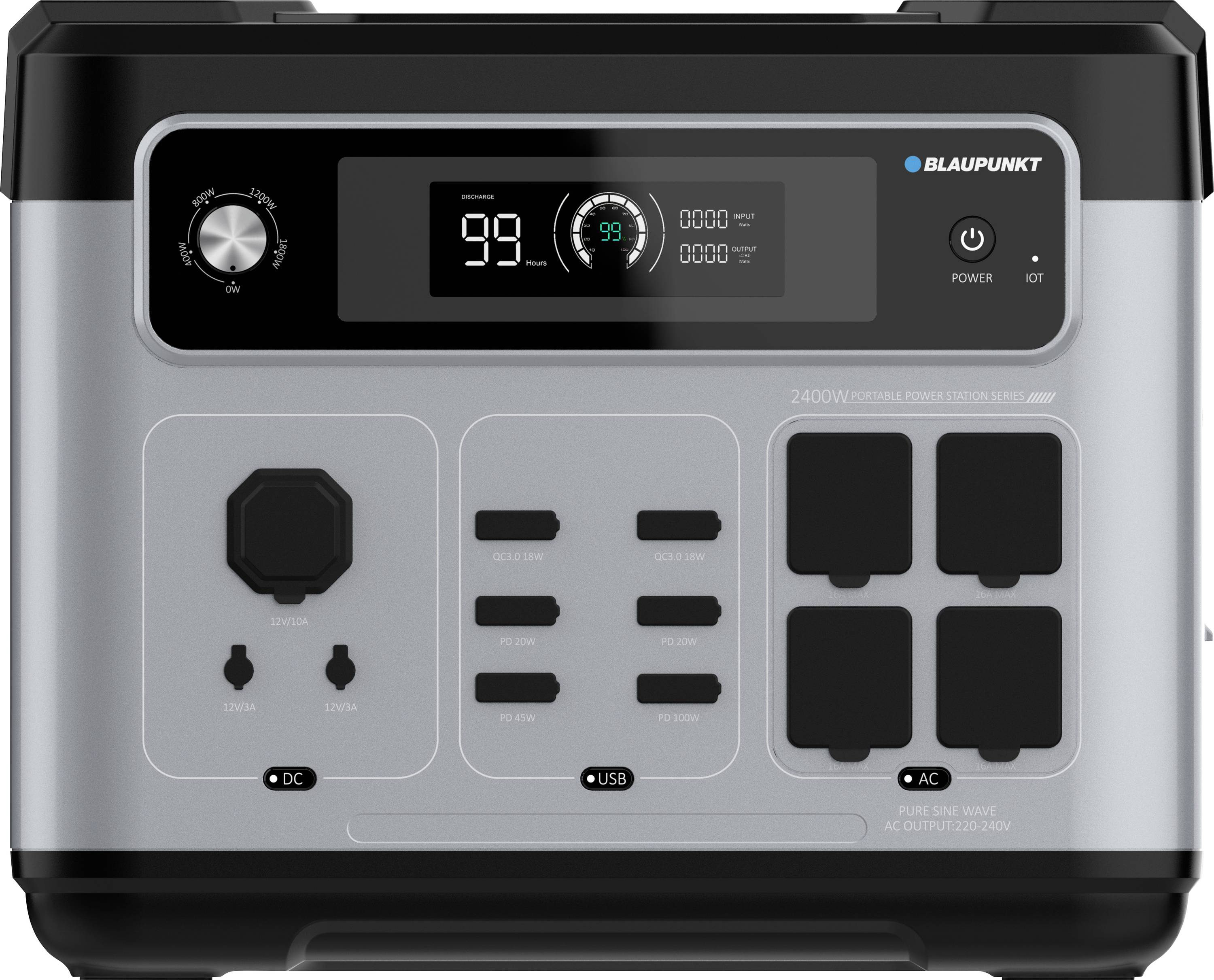 Blaupunkt draagbare energiecentrale met LCD-display, vermogensschakelaar, aan-uitknop, DC- en USB-poorten, en vier AC-stopcontacten.
