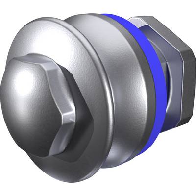 Een metalen bevestigingsmiddel met een zeskante kop en bout, voorzien van een blauwe sluitring in het midden.