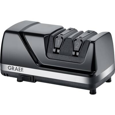 Elektrische messenslijper met een strak zwart design, gelabeld als 'Graef'. Twee slijpsleuven gemarkeerd met '1' en '2' geven de slijpstadia aan.