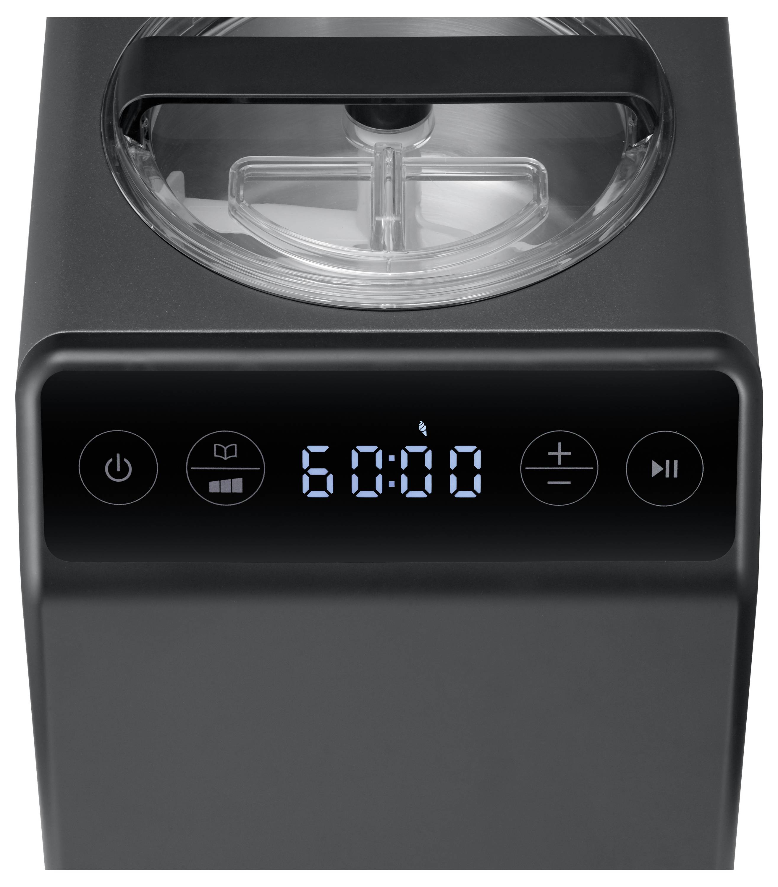 Een zwart apparaat met een digitaal display dat '60:00' toont en verschillende bedieningsknoppen zoals aan/uit, start/pauze en instellingen.