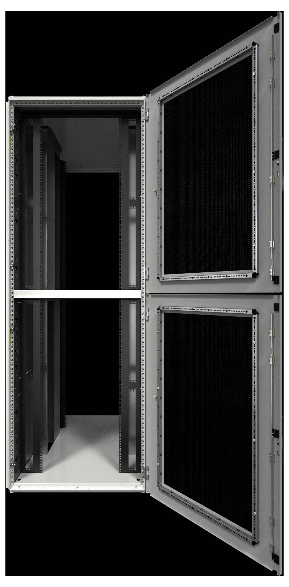 Een open, lege serverrack met een scharnierende deur, waarbij schappen voor het monteren van elektronische apparatuur zichtbaar zijn, tegen een zwarte achtergrond.