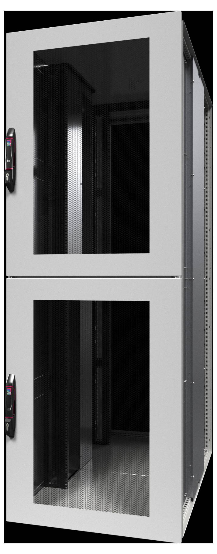 Een hoge, dubbeldeurs serverrack kast met transparante glazen deuren, die de lege en ruimtelijke binnenkant onthullen, geschikt voor netwerkapparatuur.