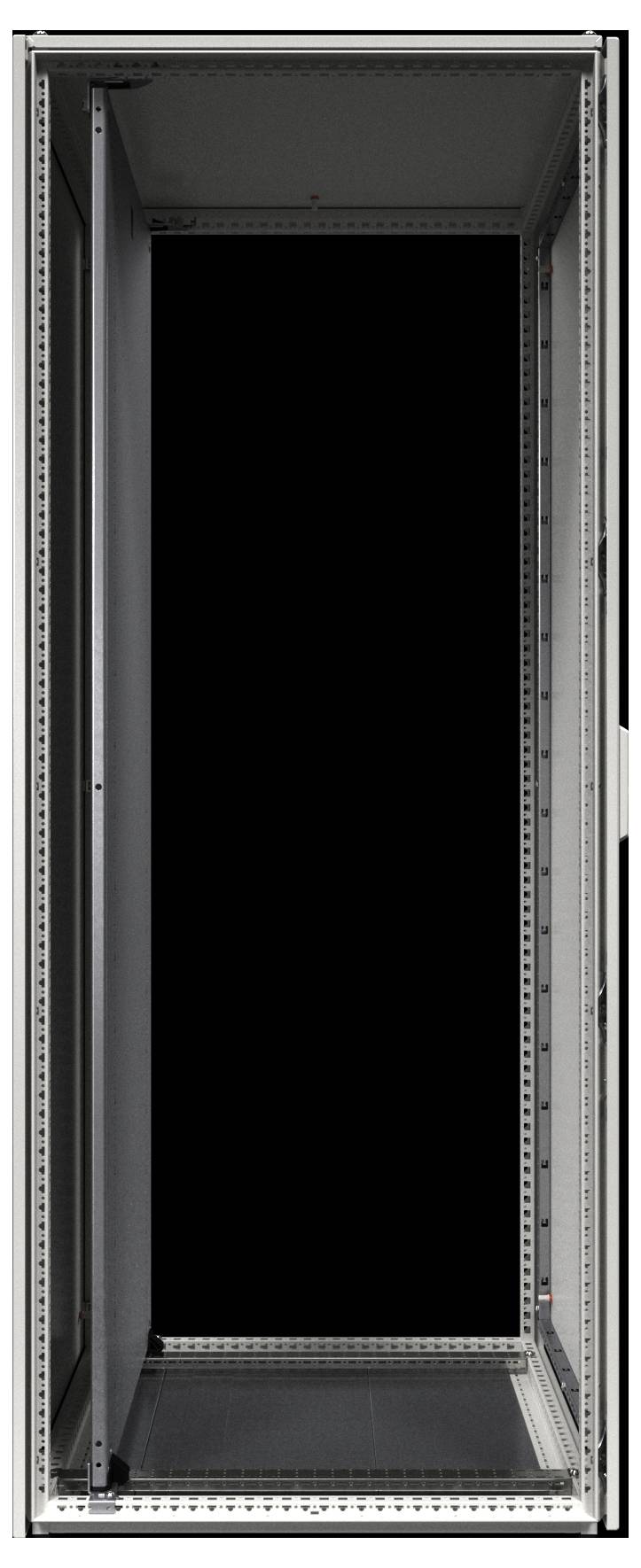 Een hoge, lege serverrack met open vooraanzicht toont een zwarte binnenkant en metalen frame, klaar om serverapparatuur te huisvesten.