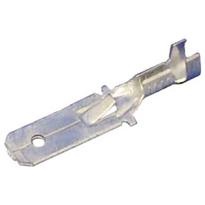 Een metalen, platte penverbinder met een gat en twee uitstekende uiteinden, gebruikt voor elektrische bedrading of circuitverbindingen.