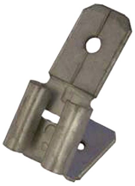 Een metalen beugel met een verticale arm en een centraal gat, voorzien van twee cilindrische secties en een driehoekige voet.