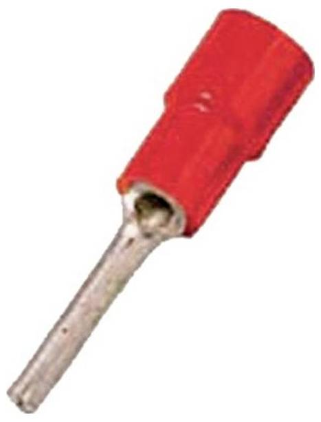 'Een rode geïsoleerde elektrische connector met een metalen pin voor draadbeëindiging.'