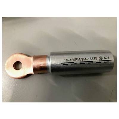 Een metalen elektrische connector met een cilindrische behuizing en een platte, ronde uiteinde. Tekst op de behuizing luidt '10-150RM/SM-185SE K25'.