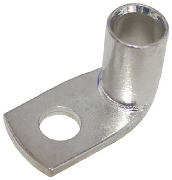 Een metalen oog met een ronde basis en een verhoogd cilindrisch gedeelte, voorzien van een rond gat voor boutbevestiging, veel gebruikt in elektrische toepassingen.