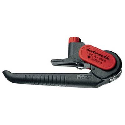 Een handmatige kabelstripper met een rode instelbare schaal, gelabeld 'intercable mod. AV 6220 Ø4-28mm', ontworpen voor het verwijderen van kabelisolatie.