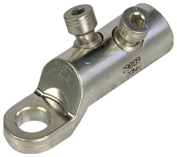 Een metalen kabelschoen met gaten voor kabelverbindingen en schroeven voor bevestiging. Gebruikt in elektrische toepassingen voor geleidbaarheid en montage.