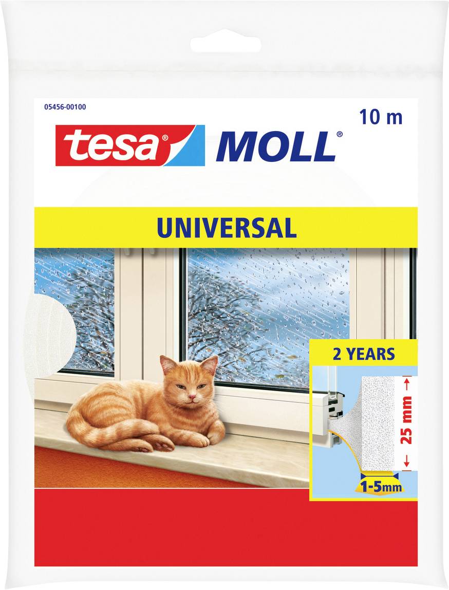 'Verpakking van tesa MOLL Universal tochtstrip, met een illustratie van een slapende kat naast een raam. Geeft een lengte van 10m en een afdichtingsprofiel van 1-5mm aan.'