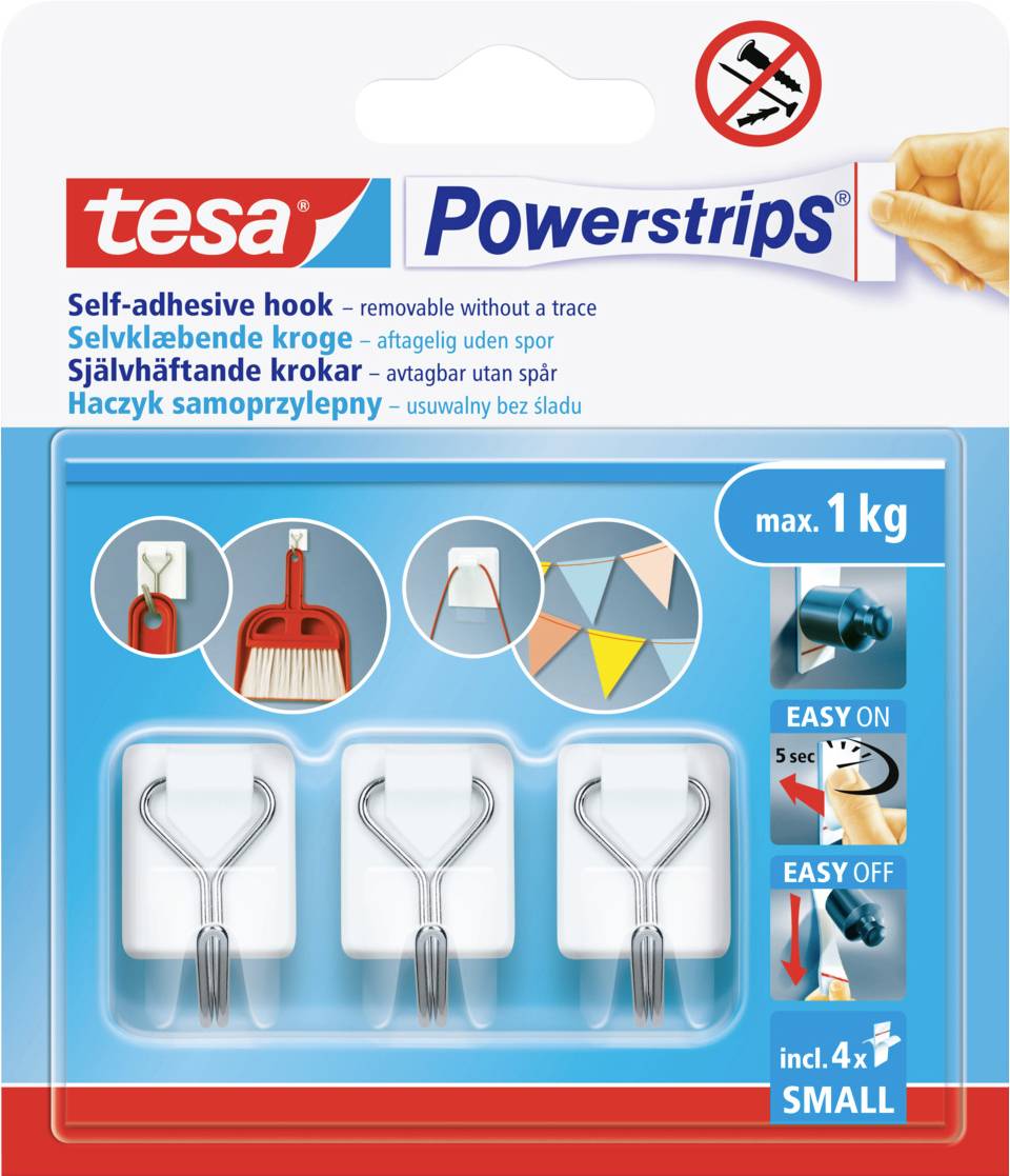 Verpakking van vier kleine zelfklevende haakjes van Tesa Powerstrips, ontworpen voor gemakkelijk bevestigen en verwijderen, met een draaggewicht van maximaal 1 kg.