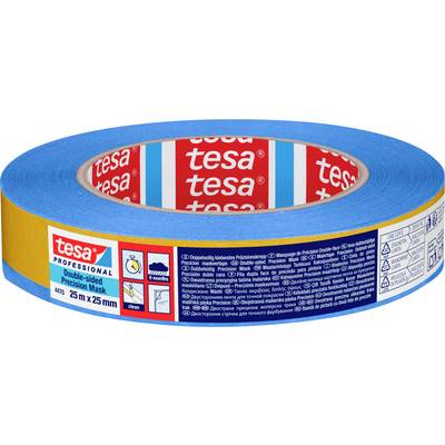 Een blauwe rol Tesa Professional Precision Mask tape, 25m x 25mm, ontworpen voor nauwkeurig maskeren bij schilderwerk, met zichtbare branding.