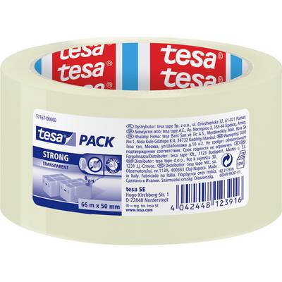 Een rol Tesa sterke transparante verpakkingstape, 66m x 50mm, met blauw-wit etiket met merk- en productgegevens.