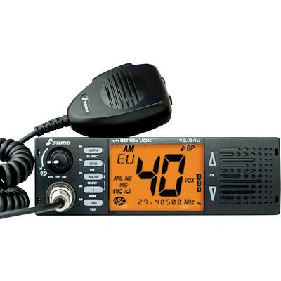 Een CB-radio met een microfoon waarop het kanaalnummer '40' wordt weergegeven op een helder oranje display. Knoppen voor verschillende functies zijn zichtbaar.