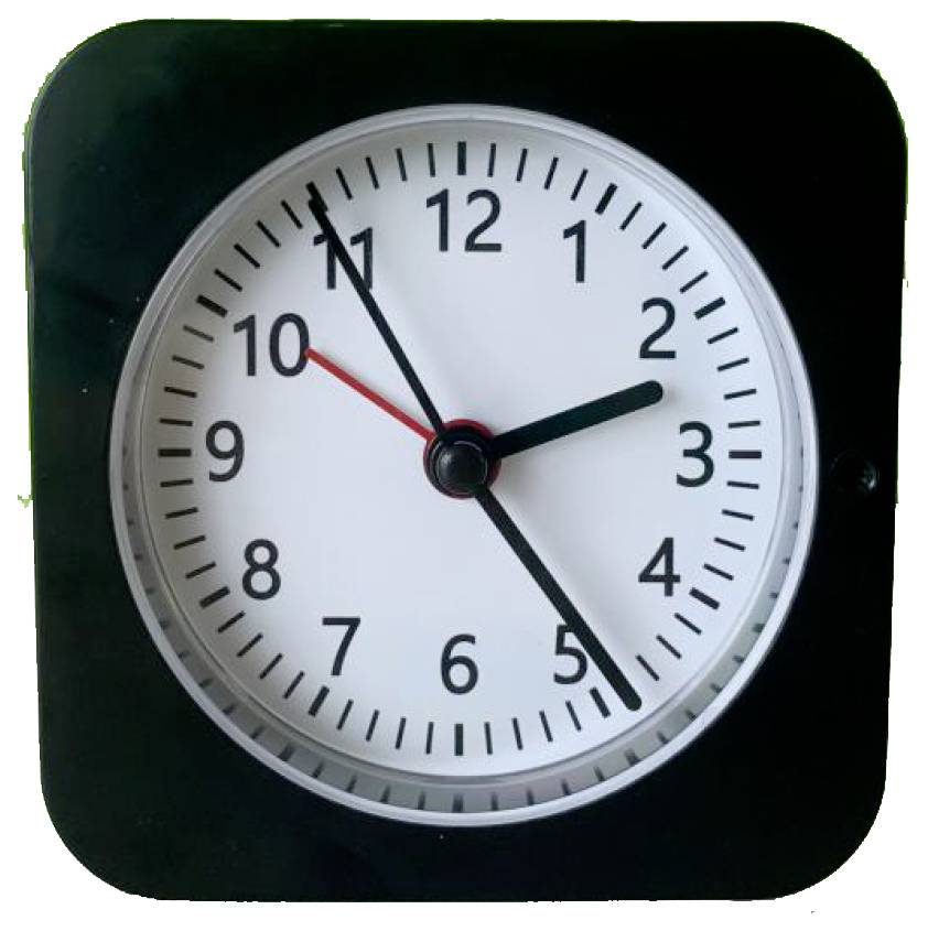 Analoge klok die 9:05 aangeeft.