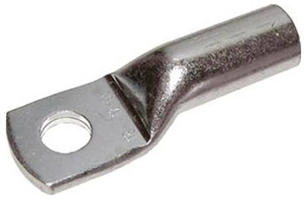 Metalen oogverbinder met een plat circulair gat aan de ene kant en een buisvormig gedeelte aan de andere kant. Wordt gebruikt voor veilige draadverbindingen.