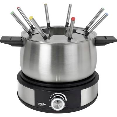 Een roestvrij stalen fonduestel met acht gekleurd gecodeerde vorken die rusten in een pot op een elektrische basis met een temperatuurregelknop.