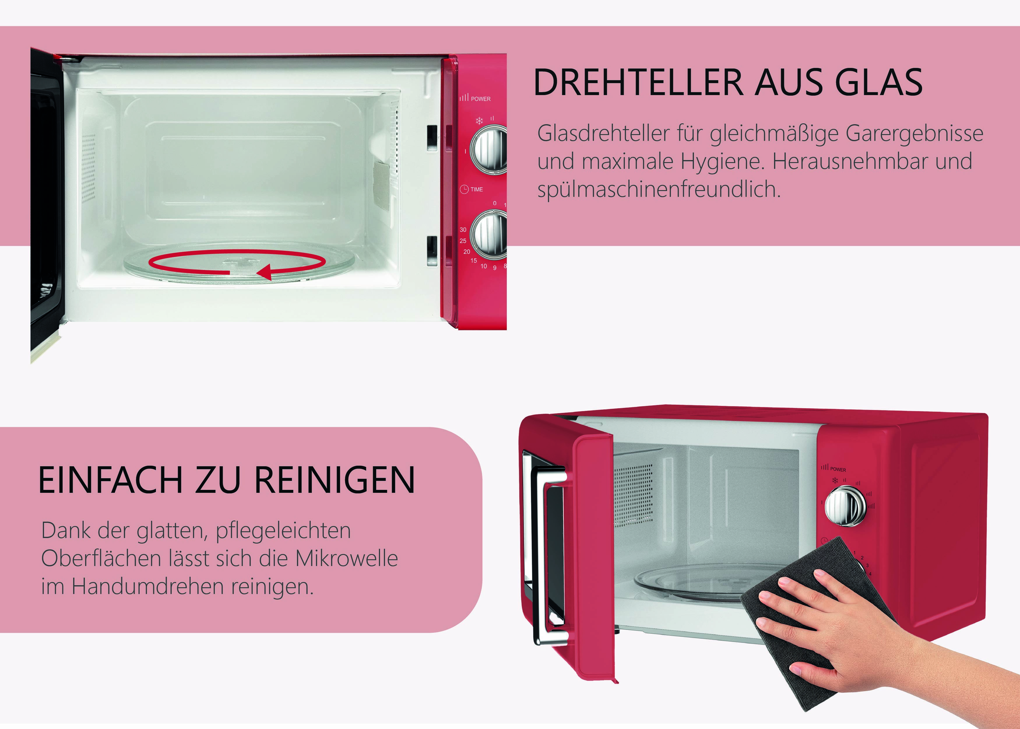 Een rode magnetron met een open deur en glazen draaiplateau; notitie geeft aan dat schoonmaken eenvoudig is dankzij gladde oppervlakken en vaatwasserbestendige onderdelen.