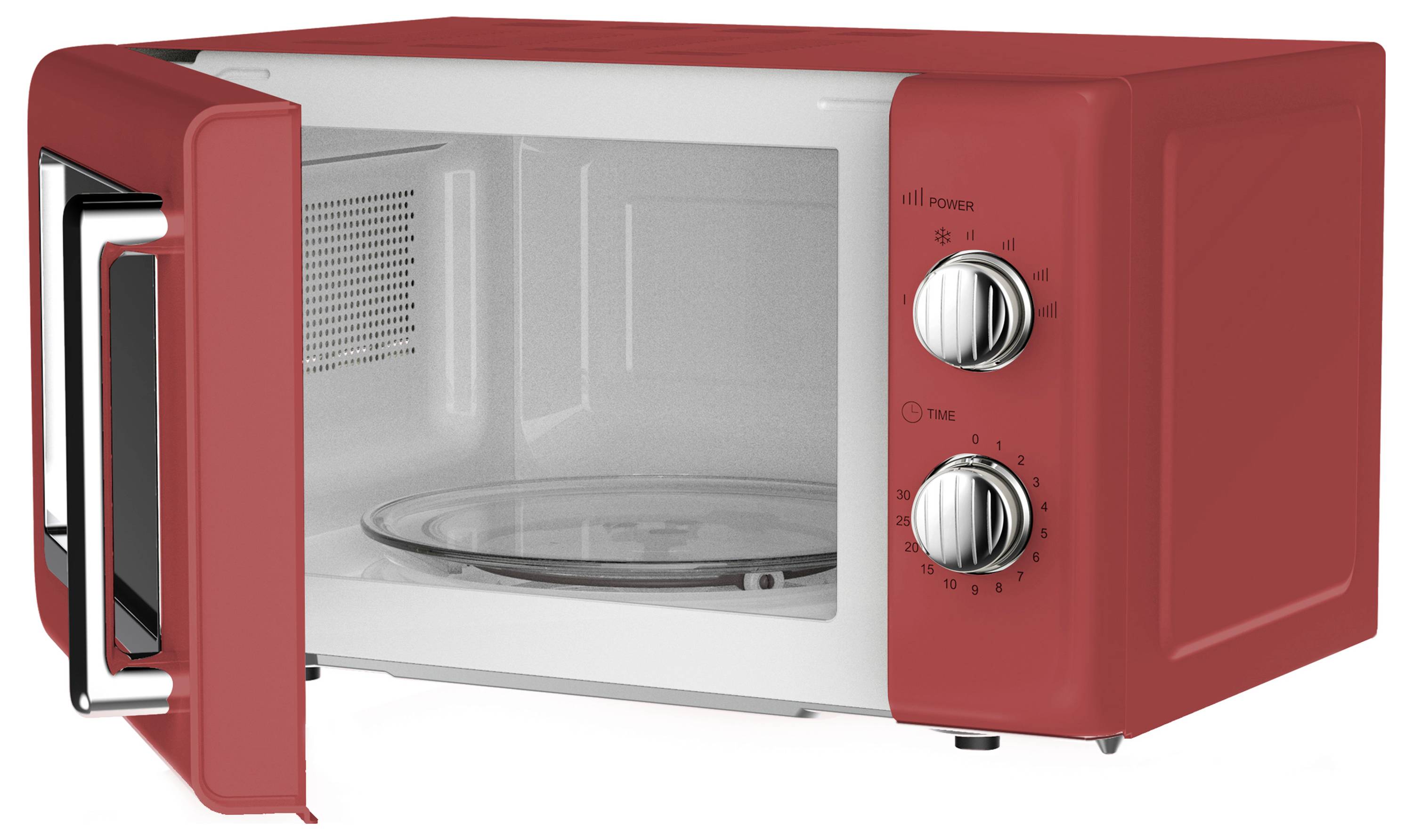 Een rode magnetron met een open deur, waarbij de binnenkant en bedieningsknoppen aan de rechterkant zichtbaar zijn.