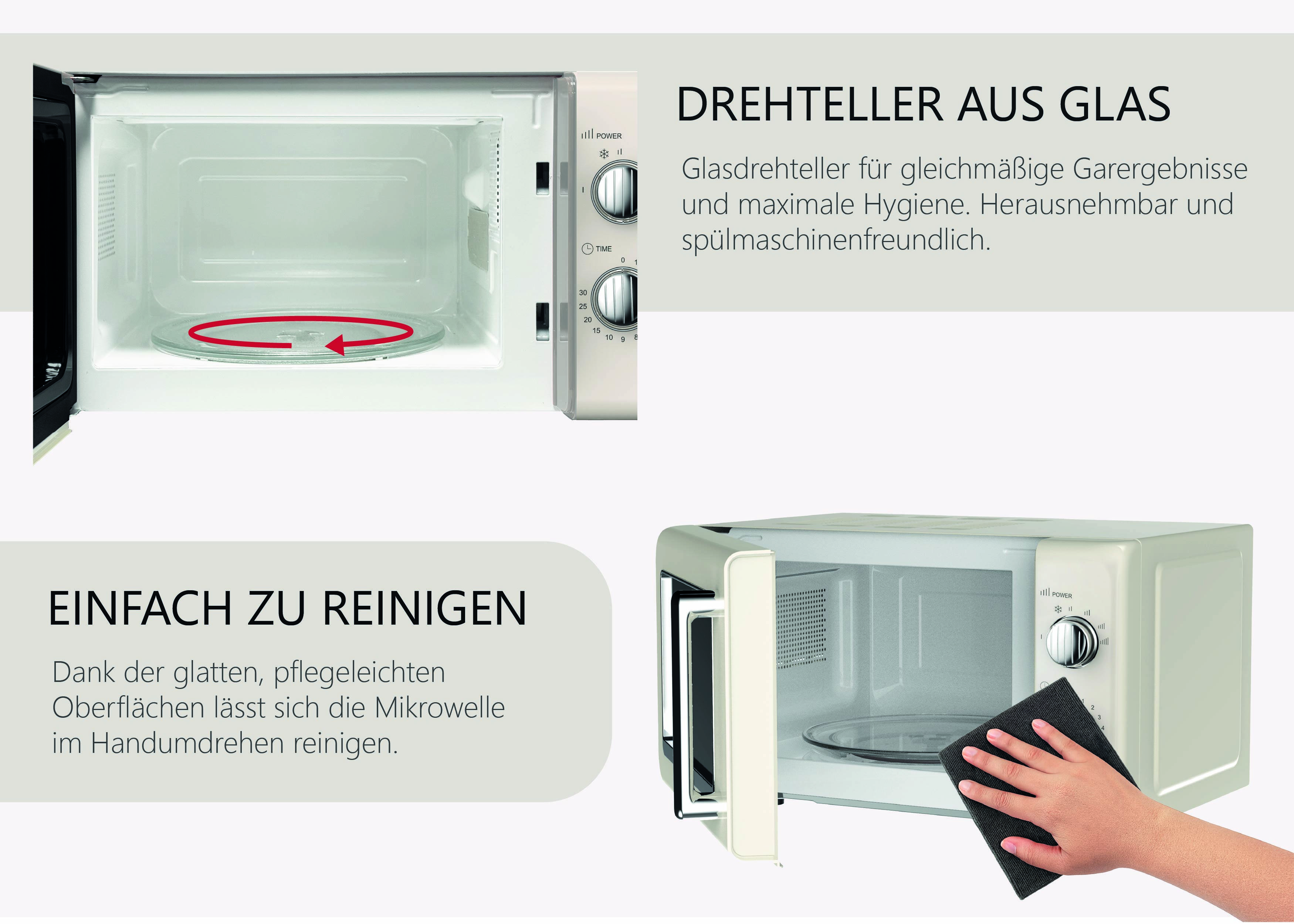 De afbeelding toont een magnetron met tekst in het Duits die de volgende kenmerken uitlegt: 'Glazen draaiplateau voor gelijkmatig koken.' en 'Gemakkelijk te reinigen met gladde oppervlakken.'