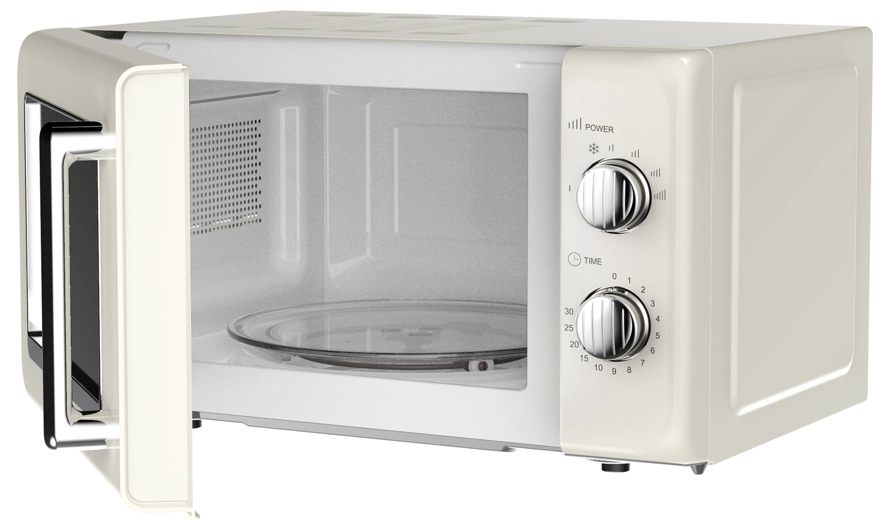 Een witte magnetron met de deur open, waarbij de draaiplateau binnenin zichtbaar is. Twee knoppen aan de rechterkant regelen het vermogensniveau en de tijd.