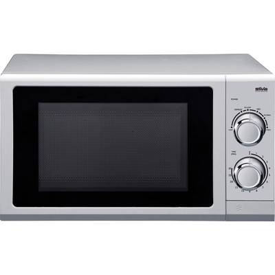Een zilveren magnetron met een zwarte deur en twee regelknoppen aan de rechterkant voor vermogensinstellingen en een timer.