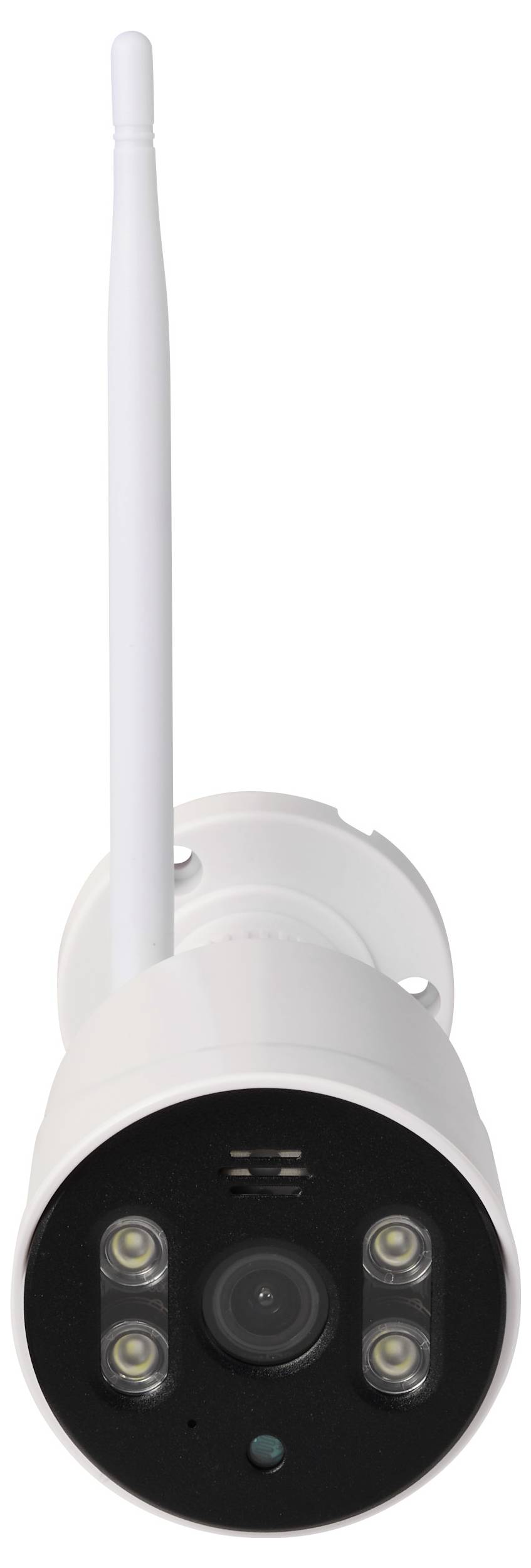 Witte draadloze beveiligingscamera met een lange antenne, ronde zwarte voorkant lens en LED-verlichting, weergegeven op een effen witte achtergrond.