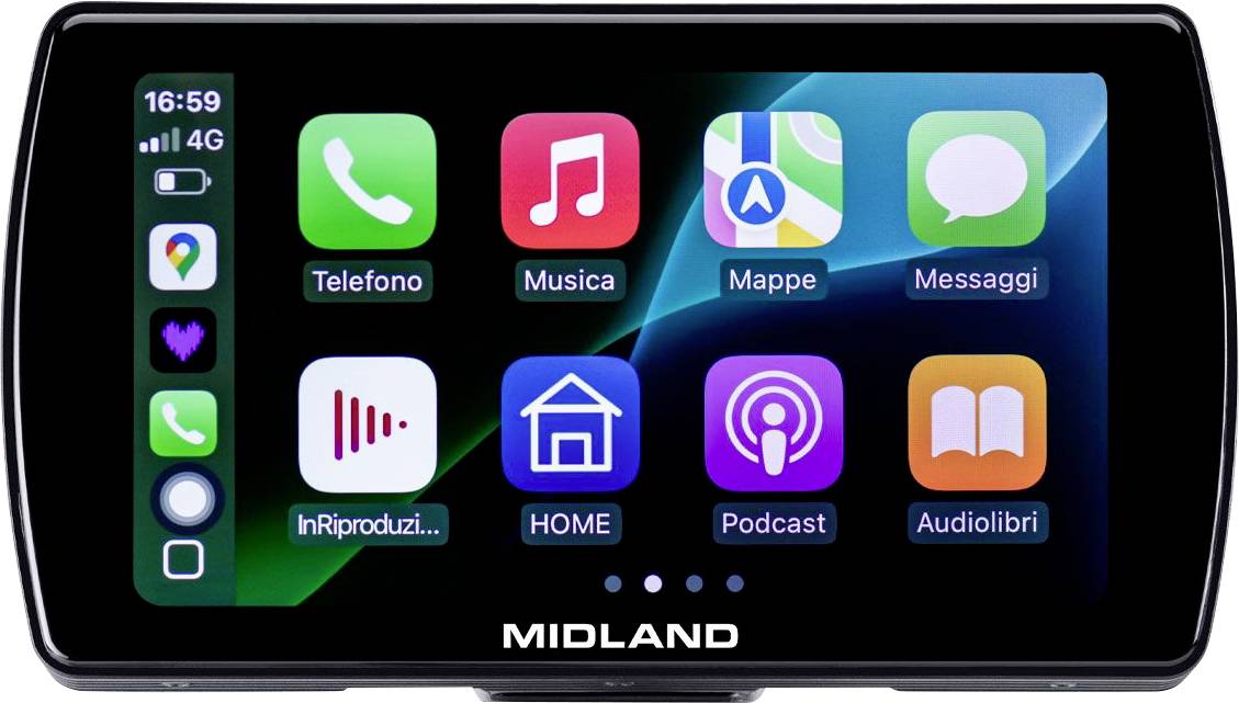 Een touchscreentoestel met een app-raster met pictogrammen voor 'Telefoon', 'Muziek', 'Kaarten', 'Berichten', 'Podcast' en meer.