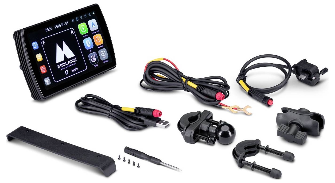 Een GPS-apparaat met schermdisplay waarop het 'MIDLAND' logo staat, omringd door diverse kabels, bevestigingsstukken en een USB-kabel voor installatie of gebruik.